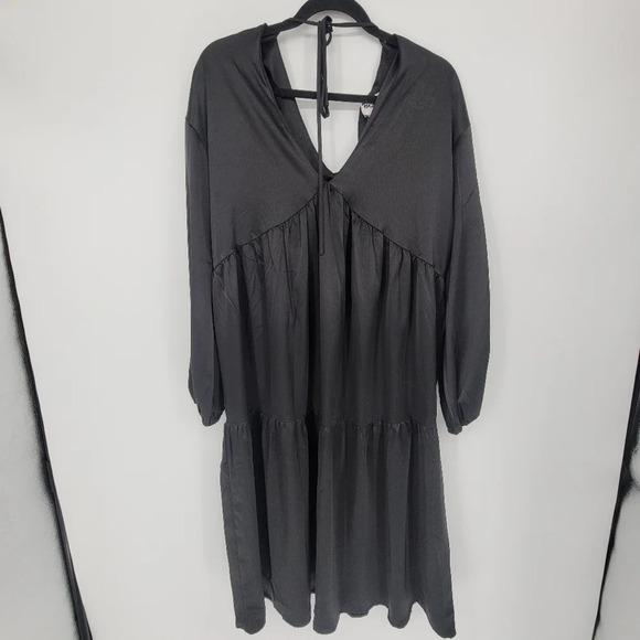 New Lola may black silky midi balloon sleeve v neck dress size 10 - Picture 2 of 6
